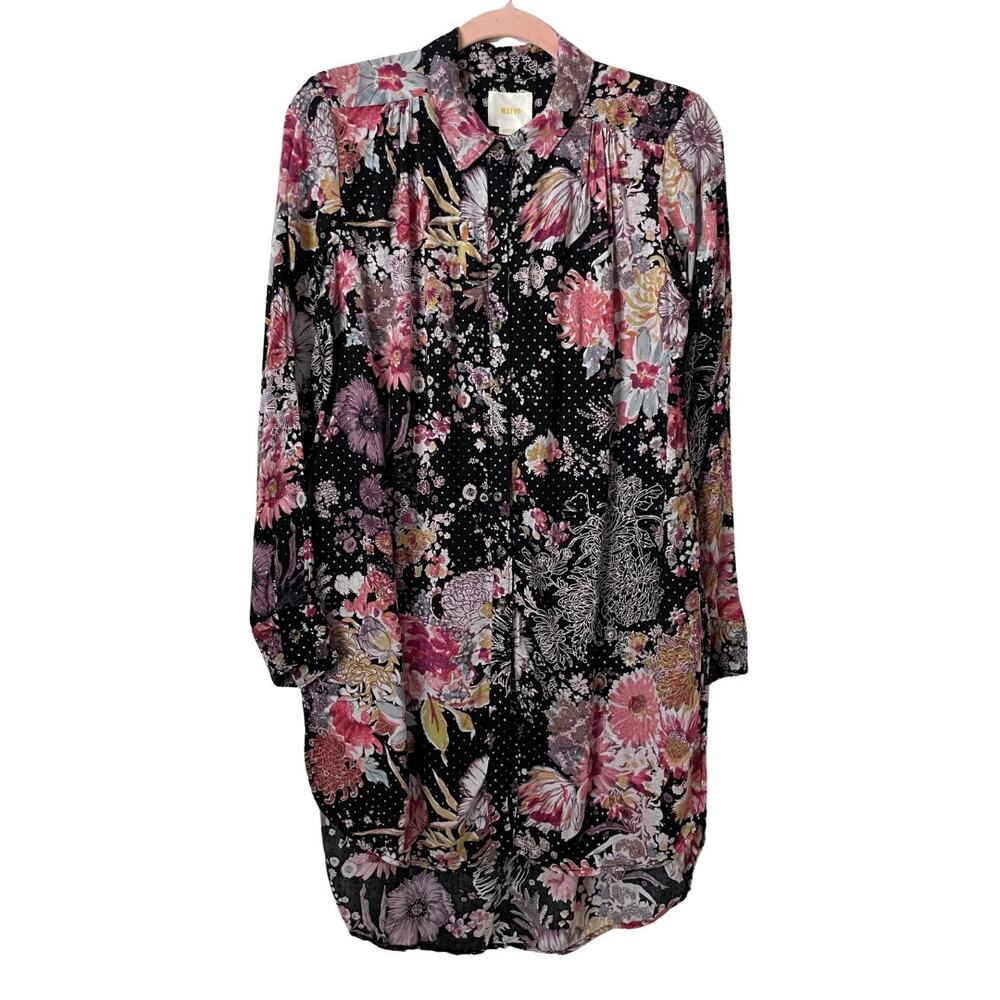 Anthropologie‎ Maeve Top Womens Medium Black Pink Floral Button Up Tunic Boho